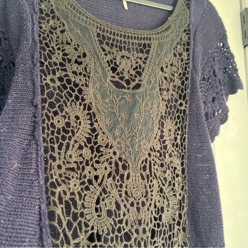 Oversized Free People Crochet Short Sleeve Blouse Shirt Top Ruffle Black Blue XS - Picture 8 of 13